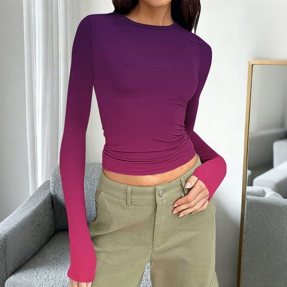 Uootdi Colorblock Long Sleeve Shirts for Women Round Neck Gradigent Slimming Fit Pullover Striped Casual Skinny Athletic Workout Tops Gift