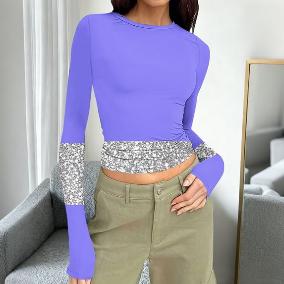 Uootdi Colorblock Long Sleeve Shirts for Women Round Neck Gradigent Slimming Fit Pullover Striped Casual Skinny Athletic Workout Tops Gift