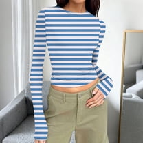 Uootdi Colorblock Long Sleeve Shirts for Women Round Neck Gradigent Slimming Fit Pullover Striped Casual Skinny Athletic Workout Tops Gift