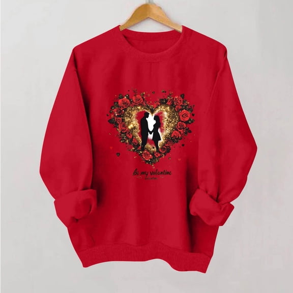 Uootdi Crew Neck Love Heart Printed Graphic Sweatshirt for Women Valentine's Day Tunic Tops Casual Holiday Long Sleeve Graphic Tee Tops Gift