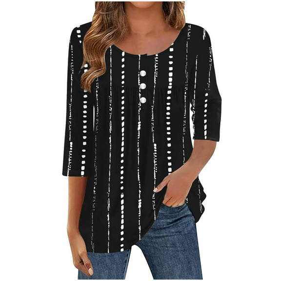 Uootdi Crew Neck Tops for Women Loose Fit Dressy 3/4 Length Sleeve Womens Tops with Asymmetrical Hem Black Womens Tops