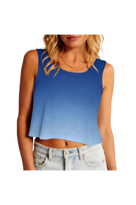 Crop Tops for Women Gradient Crew Neck Sleeveless Blouses Casual Loose Fit Lightweight Comfy Stylish Daily Shirts Gift