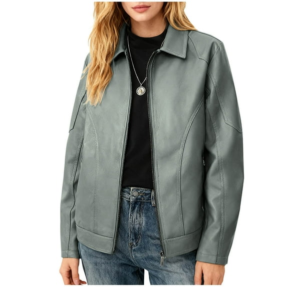 Uootdi Cropped Leather Jacket for Women Vintage Style Motorcycle Bomber Jacket Faux Leather Lapel Neck Zip Up Long Sleeve Coats Fall Going Out Jackets
