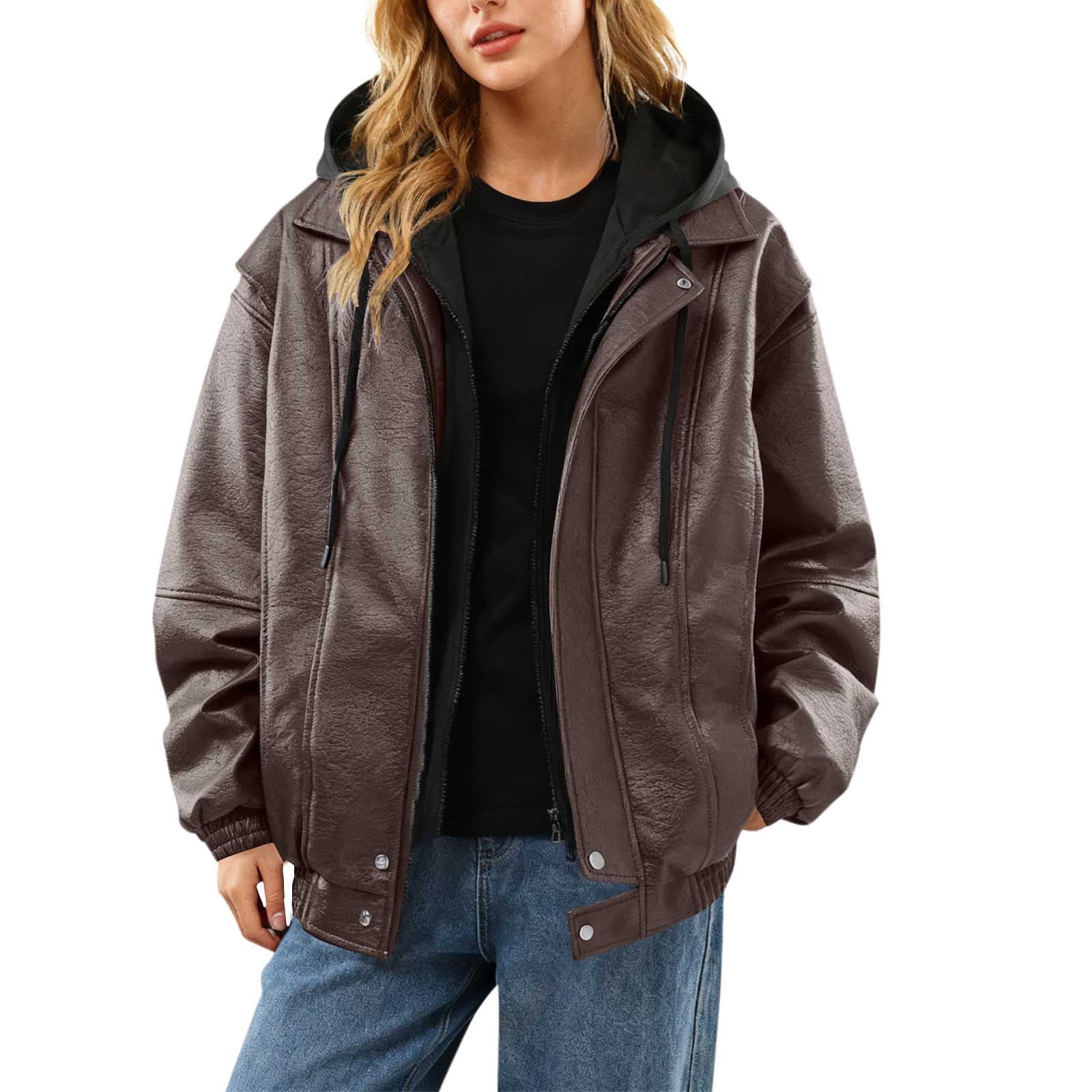 Uootdi Cropped Leather Jacket for Women Vintage Style Motorcycle Bomber Jacket Faux Leather Lapel Neck Zip Up Long Sleeve Coats Fall Going Out Jackets