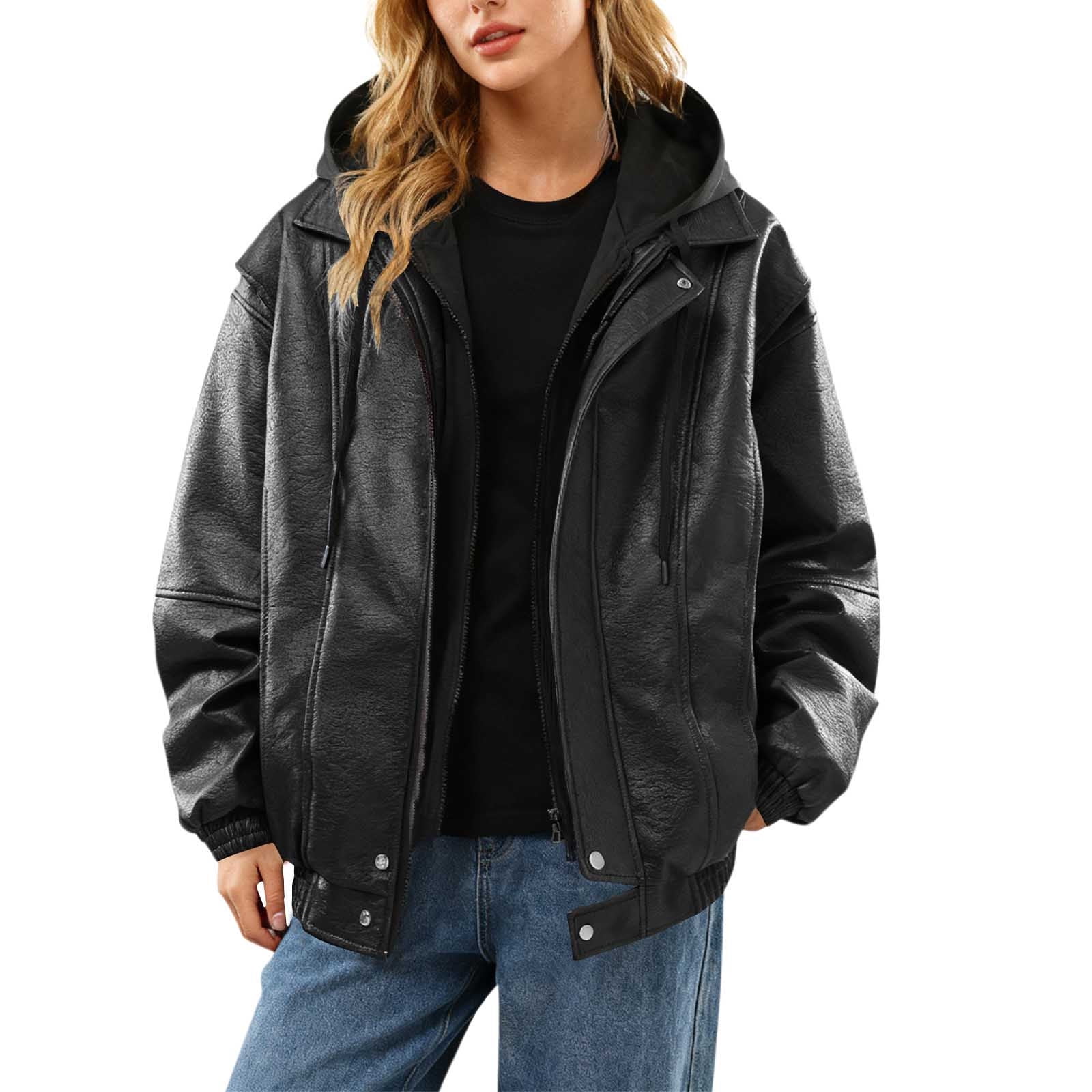 Uootdi Cropped Leather Jacket for Women Vintage Style Motorcycle Bomber Jacket Faux Leather Lapel Neck Zip Up Long Sleeve Coats Fall Going Out Jackets