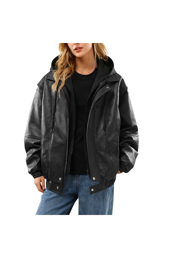 Cropped Leather Jacket for Women Vintage Style Motorcycle Bomber Jacket Faux Leather Lapel Neck Zip Up Long Sleeve Coats Fall Going Out Jackets