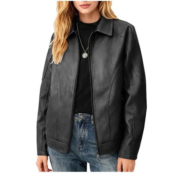 Uootdi Cropped Leather Jacket for Women Vintage Style Motorcycle Bomber Jacket Faux Leather Lapel Neck Zip Up Long Sleeve Coats Fall Going Out Jackets