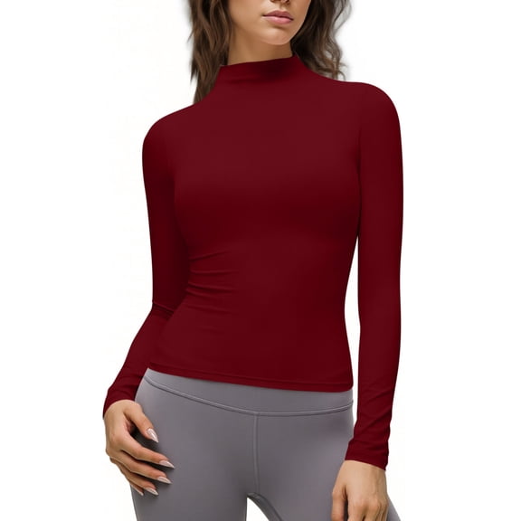 Uootdi Cropped Long Sleeve Shirts for Women Mock Neck Stretchy Slim Fit Going Out Tops Lightweight Plain Pullover Basic Y2K Tops Gift