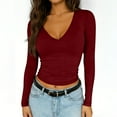 thumbnail image 1 of Uootdi Cropped Long Sleeve Shirts for Women V Neck Stretchy Slim Fit Going Out Tops Lightweight Plain Pullover Basic Y2K Tops Gift, 1 of 9