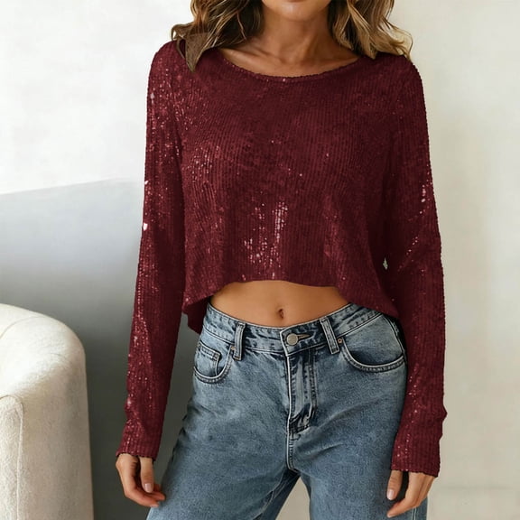 Uootdi Cropped Sequin Tops for Women Long Sleeve Sparkly Glitter Shirts Sequin Blouse for Disco Rave Concert Party Gift