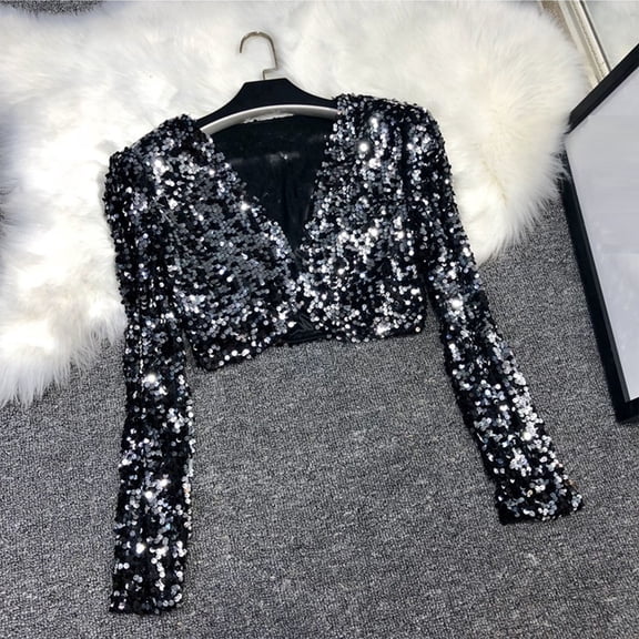 Uootdi Cropped Shiny Sequin Jackets for Women Shrug Open Front Long Sleeve Glitter Blazer Cover Up for Beach and Evening Wear with Belt