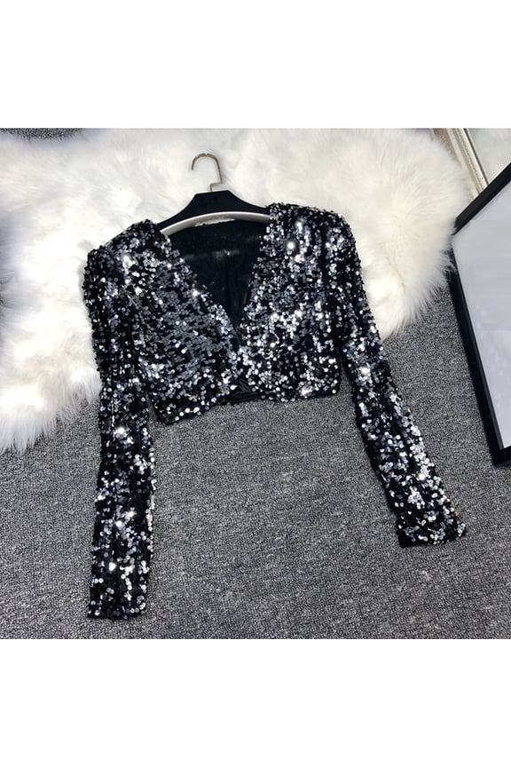 Cropped Shiny Sequin Jackets for Women Shrug Open Front Long Sleeve Glitter Blazer Cover Up for Beach and Evening Wear with Belt