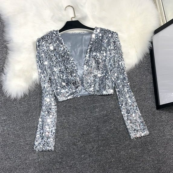 Uootdi Cropped Shiny Sequin Jackets for Women Shrug Open Front Long Sleeve Glitter Blazer Cover Up for Beach and Evening Wear with Belt