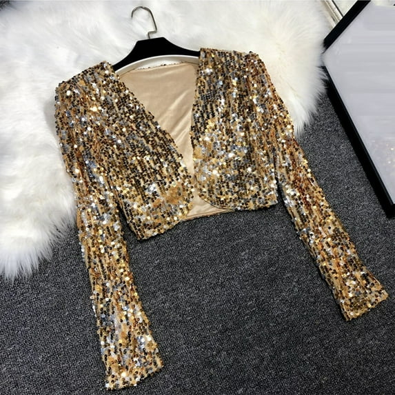 Uootdi Cropped Shiny Sequin Jackets for Women Shrug Open Front Long Sleeve Glitter Blazer Cover Up for Beach and Evening Wear with Belt