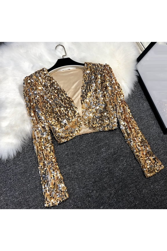 Cropped Shiny Sequin Jackets for Women Shrug Open Front Long Sleeve Glitter Blazer Cover Up for Beach and Evening Wear with Belt