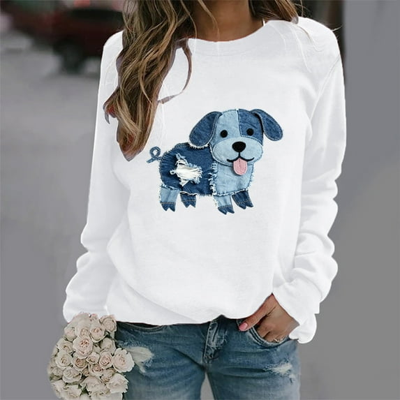 Uootdi Cute Animal Print Graphic Long Sleeve Sweatshirt for Women Crewneck Denim Patches Animal Vintage Pullovers Tops Casual Loose Outfits for women Gift