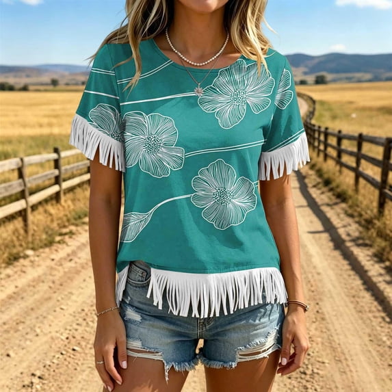 Uootdi Cute Summer Tops Crew Neck Short Sleeve Fringe Trim Cuff And Hem Line Floral All Over Print Soft Knit Boho Tops for Women Relaxed Fit Soft Wrinkle Resistant Womens Tees