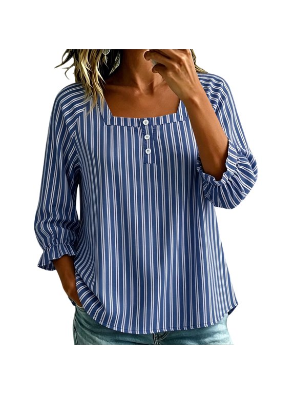 Cute Summer Tops Square Neck 3/4 Bubble Sleeve Half Henley Placket Vertical Stripe Print Soft Woven Womens Shirts Loose Fit Airy Comfortable Womens Tees