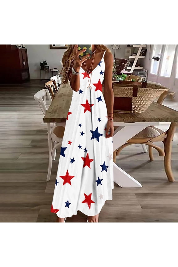Dresses for Women Star Print Spaghetti Strap V Neck Maxi Length Loose Fit Breathable Sundresses Casual Versatile Dresses Holiday Patriotic Wear Gift