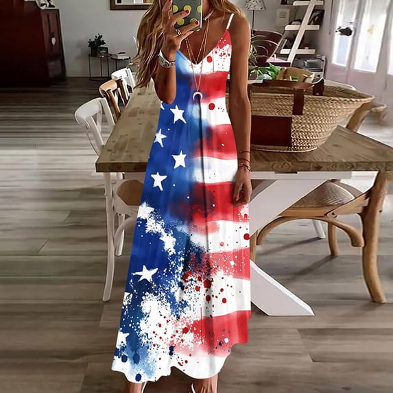 Uootdi Dresses for Women Star Print Spaghetti Strap V Neck Maxi Length Loose Fit Breathable Sundresses Casual Versatile Dresses Holiday Patriotic Wear Gift