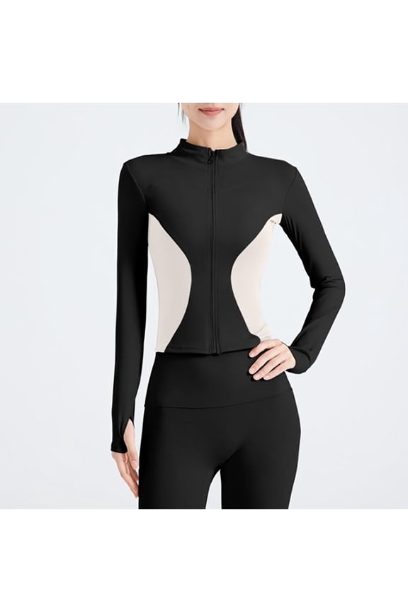 Elastic Yoga Jackets for Women Colorblock Zip Up Gym Clothes Long Sleeve Slimming Fit Y2k Sports Jacket