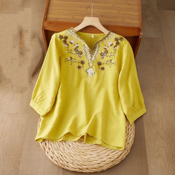 Uootdi Embroidered Cotton Linen Top for Women V Neck 3/4 Sleeve Shirts Boho Vintage Blouse Spring Summer Tops Gift