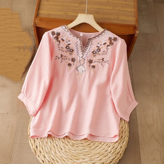 Uootdi Embroidered Cotton Linen Top for Women V Neck 3/4 Sleeve Shirts Boho Vintage Blouse Spring Summer Tops Gift