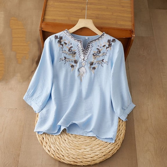 Uootdi Embroidered Cotton Linen Top for Women V Neck 3/4 Sleeve Shirts Boho Vintage Blouse Spring Summer Tops Gift