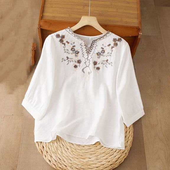 Uootdi Embroidered Cotton Linen Top for Women V Neck 3/4 Sleeve Shirts Boho Vintage Blouse Spring Summer Tops Gift