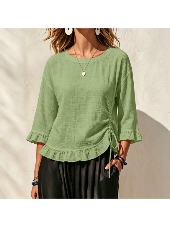 Everyday Tops for Women Crew Neck 3/4 Flare Sleeve Side Drawstring Ruched Plain Crinkle Linen Linen Tops for Women Relaxed Fit Everyday Wear Breathable Comfortable Womens Tees