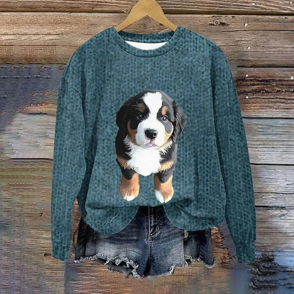 Uootdi Fall Fashion Must Haves Gift Dog Graphic Print Long Sleeve Shirts for Women Crewneck Cute Tee Tops Casual Loose Trendy Pull