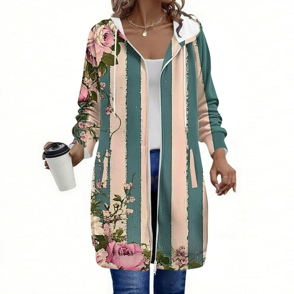 Uootdi Fleece Jackets for Women Oversized Zip Up Colorblock Hoodie Women Gift Floral Printing Long Sleeve Lightweight Winter Co ats for Women