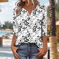 thumbnail image 1 of Uootdi Floral Print Graphic 3/4 Sleeve T Shirts Womens Summer Tops Colorblock V-Neck Button Down Casual Tops for Women Vintage Dressy Loose Fit Trendy Outfits Gift, 1 of 6