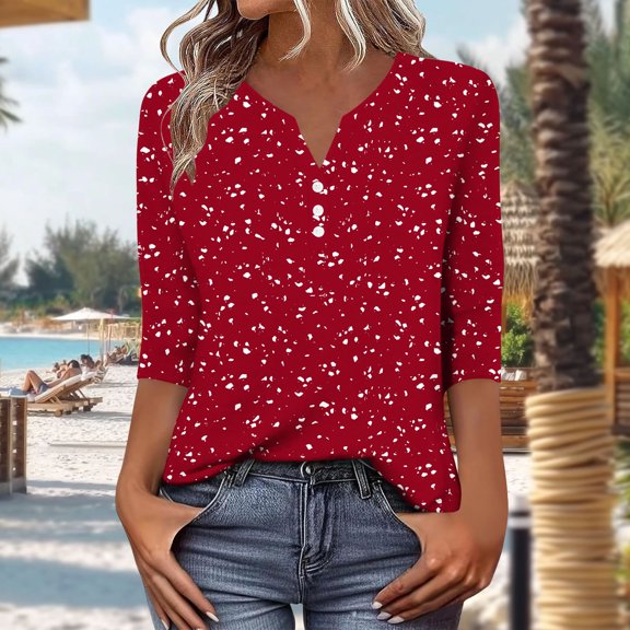 Uootdi Floral Print Graphic 3/4 Sleeve T Shirts Womens Summer Tops Colorblock V-Neck Button Down Casual Tops for Women Vintage Dressy Loose Fit Trendy Outfits Gift
