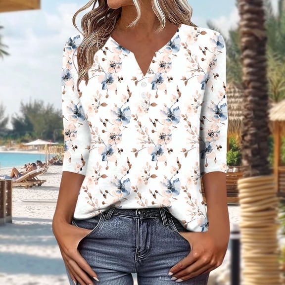 Uootdi Floral Print Graphic 3/4 Sleeve T Shirts Womens Summer Tops Colorblock V-Neck Button Down Casual Tops for Women Vintage Dressy Loose Fit Trendy Outfits Gift