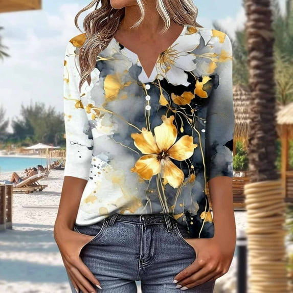 Uootdi Floral Print Graphic 3/4 Sleeve T Shirts Womens Summer Tops Colorblock V-Neck Button Down Casual Tops for Women Vintage Dressy Loose Fit Trendy Outfits Gift