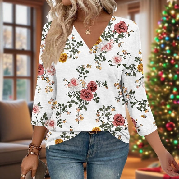 Uootdi Floral Print Graphic 3/4 Sleeve T Shirts Womens Summer Tops Colorblock V-Neck Casual Tops for Women Vintage Dressy Loose Fit Trendy Outfits Gift