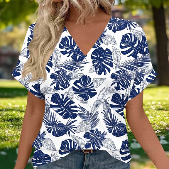 Uootdi Floral Print V Neck Short Sleeve Shirt for Women Casual Loose Fit Clothes Loungewear Summer Fashion Going Out Tops Gift