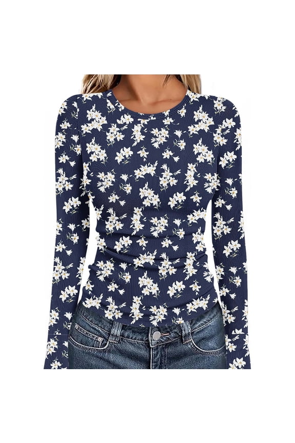 Floral Printed Long Sleeve Shirts for Women Crew Neck Casual Slim Fit Basic T-Shirts Colorblock Lightweight Thermal Tops Gift