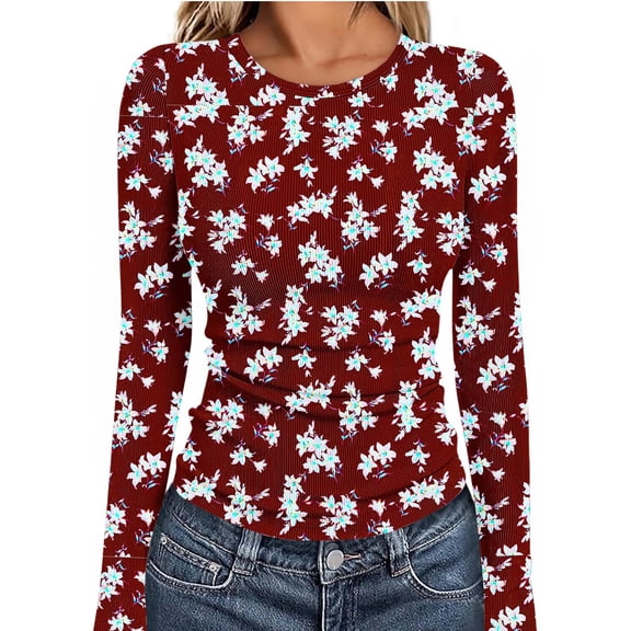Uootdi Floral Printed Long Sleeve Shirts for Women Crew Neck Casual Slim Fit Basic T-Shirts Colorblock Lightweight Thermal Tops Gift