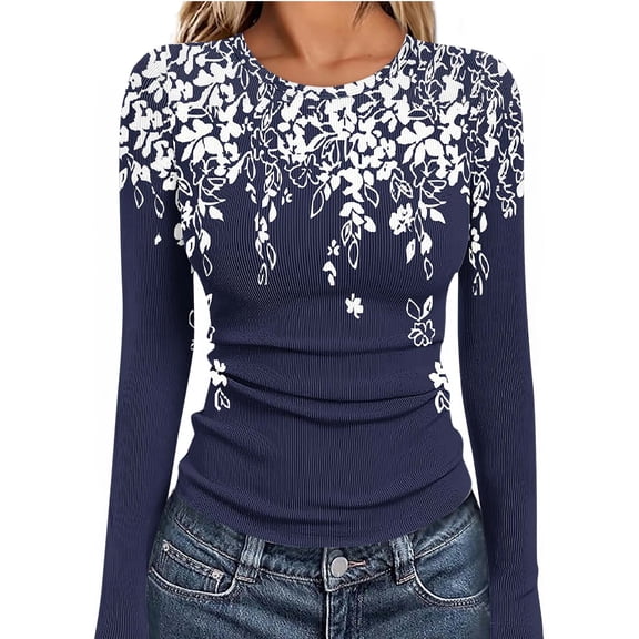Uootdi Floral Printed Long Sleeve Shirts for Women Crew Neck Casual Slim Fit Basic T-Shirts Colorblock Lightweight Thermal Tops Gift