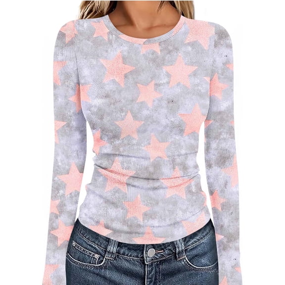 Uootdi Floral Printed Long Sleeve Shirts for Women Crew Neck Casual Slim Fit Basic T-Shirts Colorblock Lightweight Thermal Tops Gift