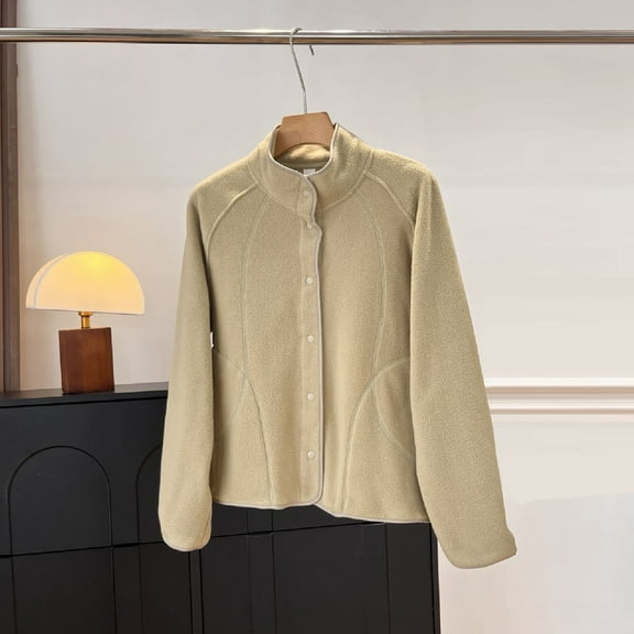 Uootdi Fuzzy Fleece Jackets for Women Stand Collar Button Down Long Sleeve Coats Plus Size Fall Tops for Women with Front Pocket