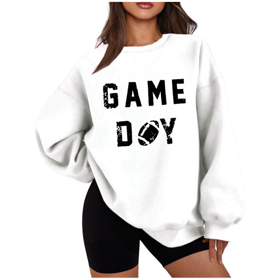 Uootdi Game Day Long Sleeve Sweatshirts for Women Football Season Graphic Sweatshirt Round Gift Neck Loose Pullover Tops Trendy Outfits