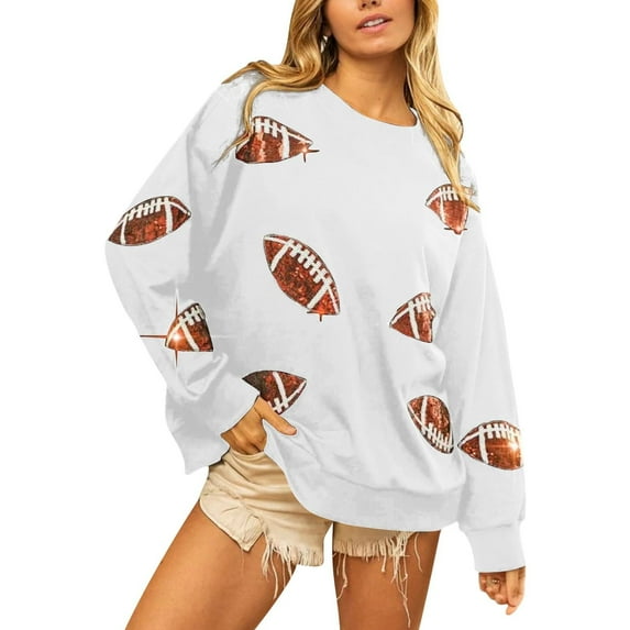 Uootdi Game Day Long Sleeve Sweatshirts for Women Football Season Graphic Sweatshirt Round Gift Neck Loose Pullover Tops Trendy Outfits