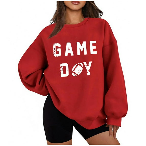 Uootdi Game Day Long Sleeve Sweatshirts for Women Football Season Graphic Sweatshirt Round Gift Neck Loose Pullover Tops Trendy Outfits
