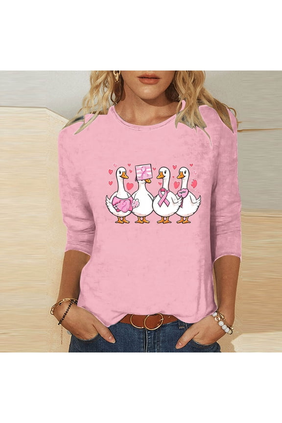 Gift 3/4 Length Sleeve Womens Tops Crew Neck Breast Cancer Awareness Cute Duck Pink Ribbon Heart Graphic Blouses Relaxed Fit Inspirational Daily Tees
