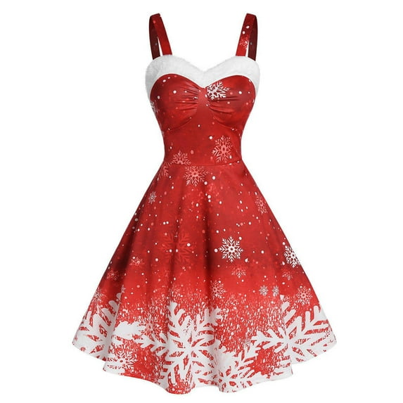 Uootdi Gift Christmas Cocktail Dress for Women Vintage Swing Dresses Christmas Print Plush Off Shoulder Xmas Holiday Party Sling Dress