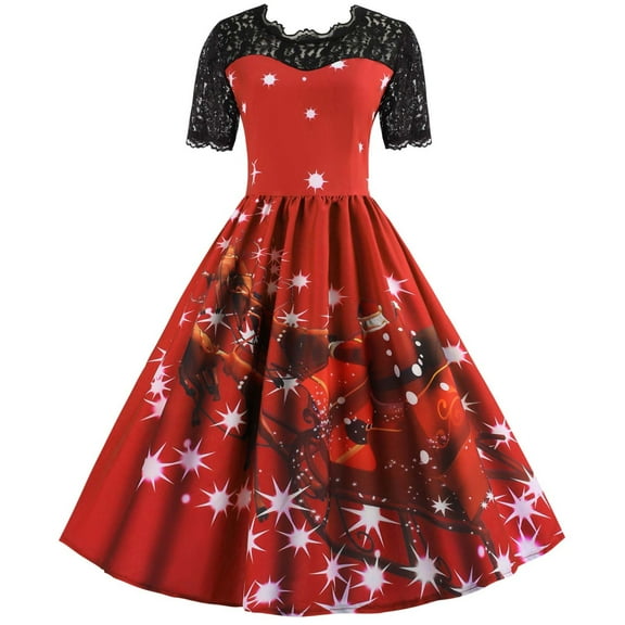 Uootdi Gift Christmas Dresses for Women 3D Print Short Sleeve Cocktail Party Dress Christmas Dresses 1950s Vintage Rock Print A-line Dress