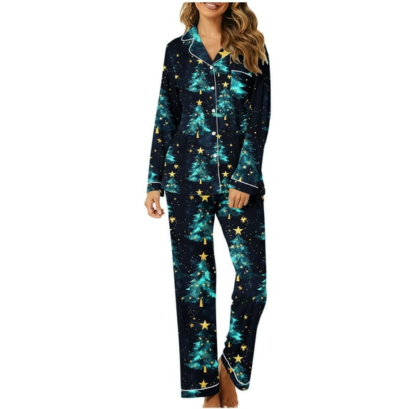 Uootdi Gift Christmas Long Sleeve Pajamas for Women Set Xmas Pajama Set 2-Piece Cozy Print PJs Button Up Ladies Sleepwear for Christmas